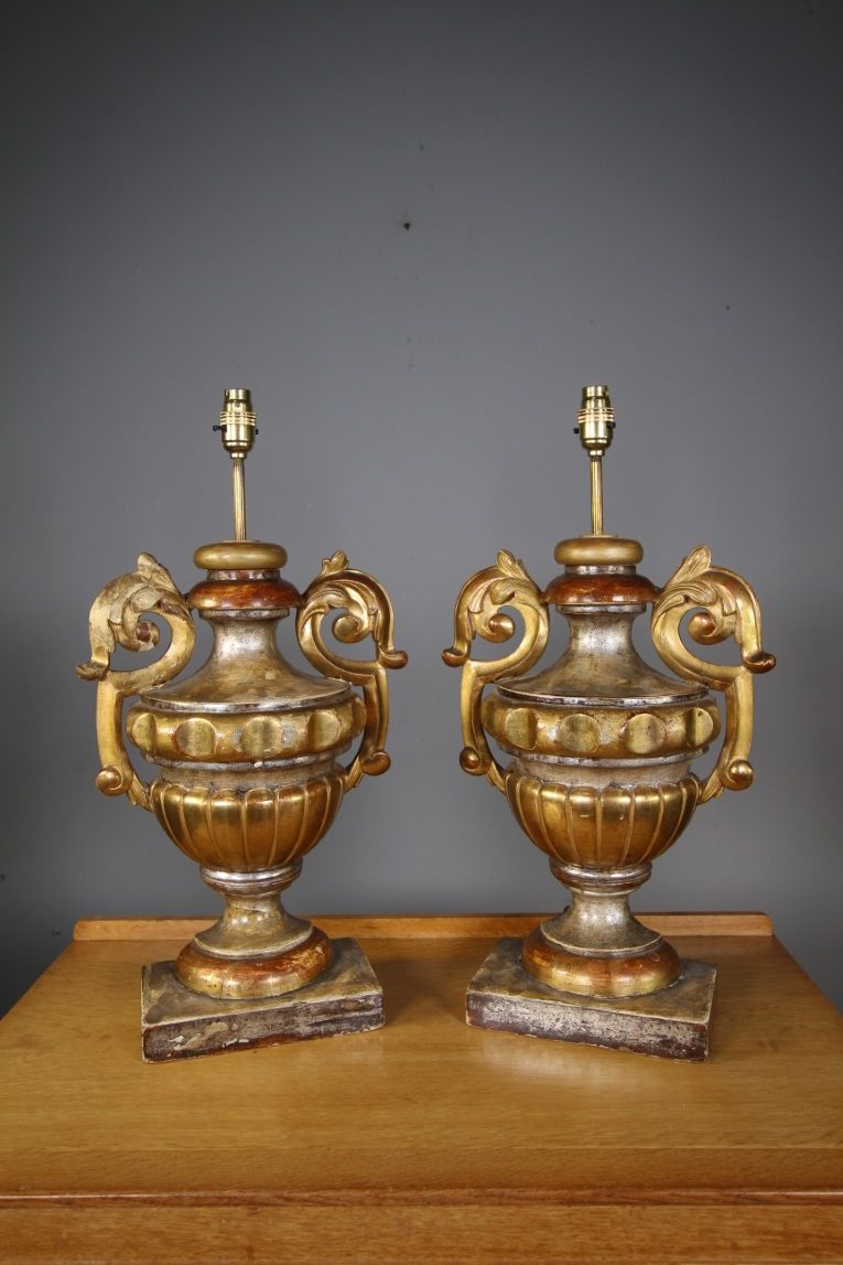 Large Pair of 19th Century Carved Pine & Gilt Antique Urn Lamps