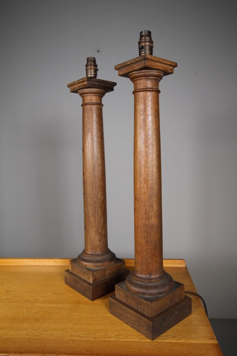 Tall Pair of Edwardian Antique Oak Column Table Lamps