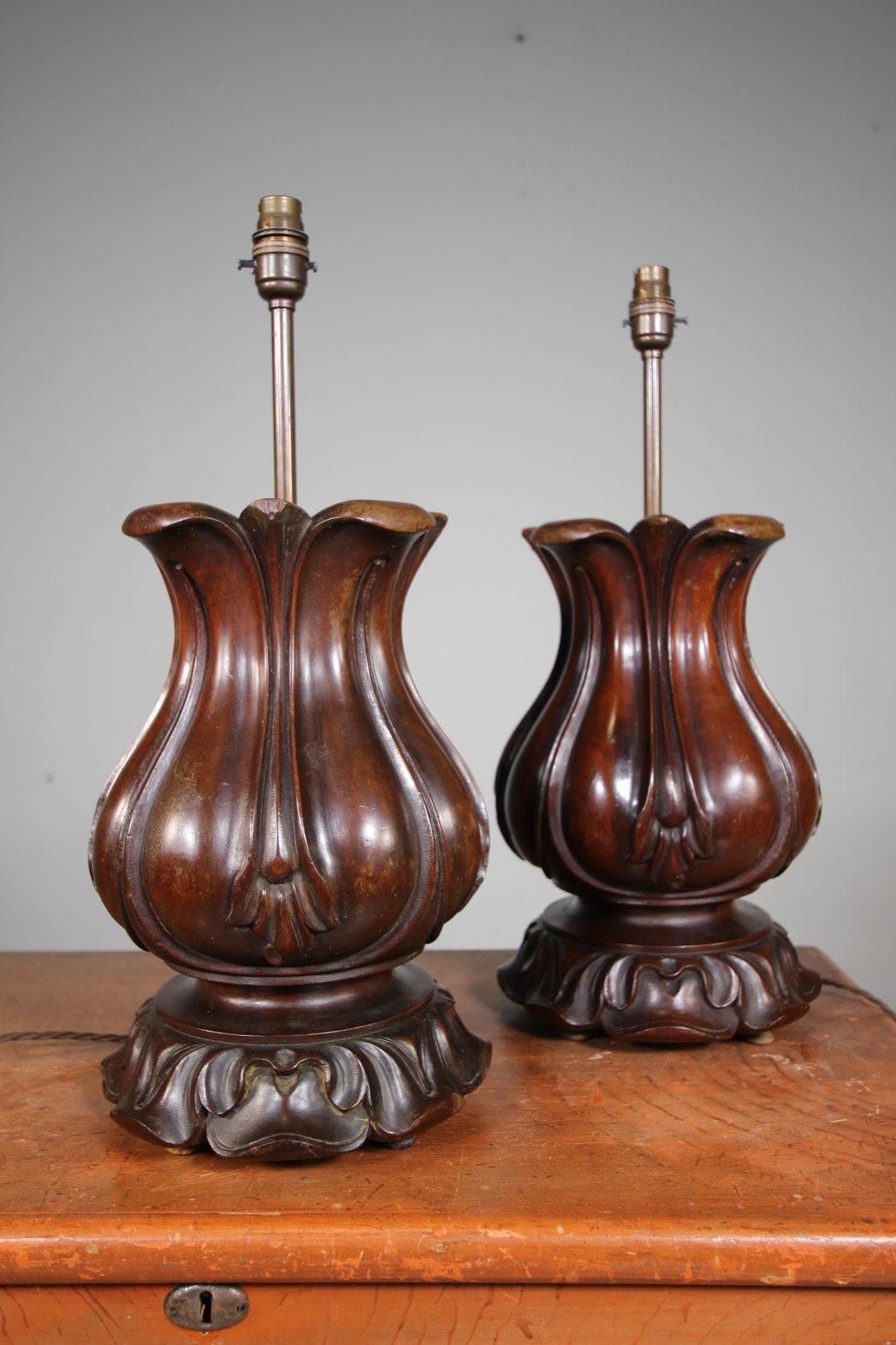 Large Pair of English William IV Antique Mahogany Table Lamps