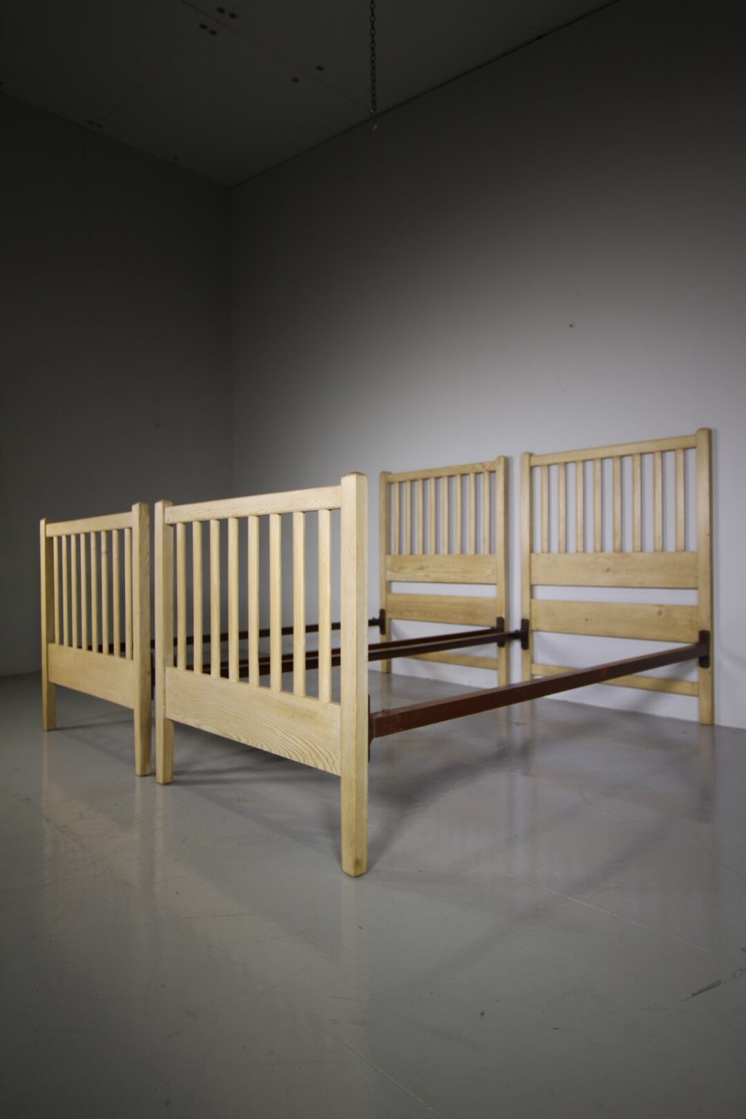 Pair of Early Heals Antique Pine Single Beds – Labelled