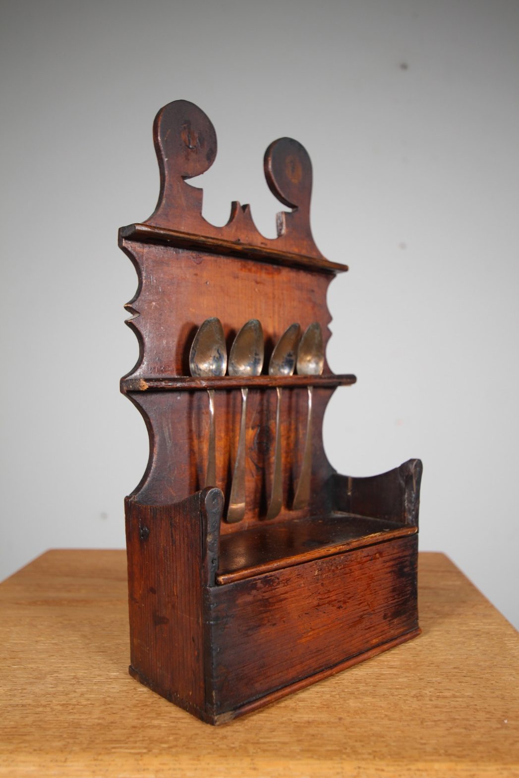 Lovely Original Antique Pine Spoon Rack & Candle Box
