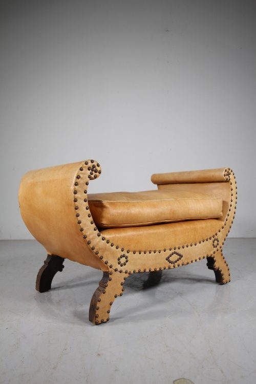 English Edwardian Antique Leather Upholstered Shaped Stool