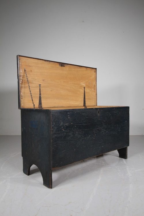 Georgian Antique Elm Plank Coffer In Original Blue Paint
