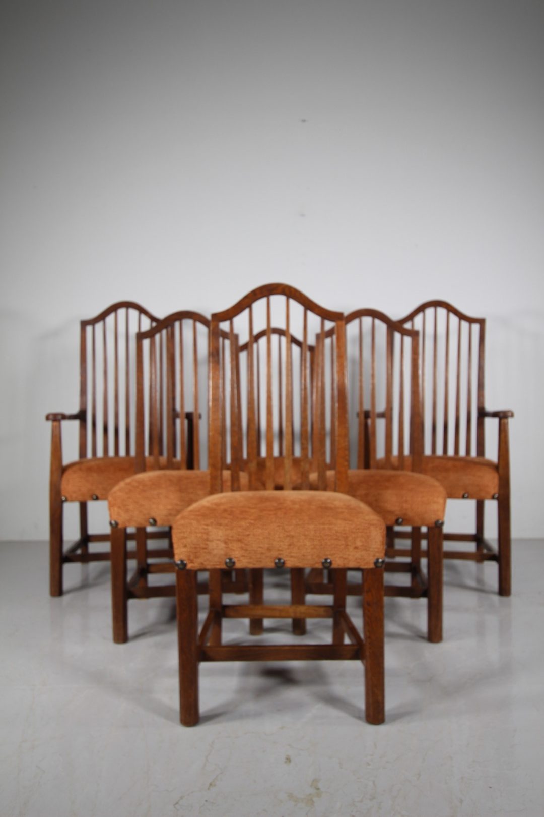 Set of Six English Arts & Crafts Antique Oak Dining Chairs by Lethaby
