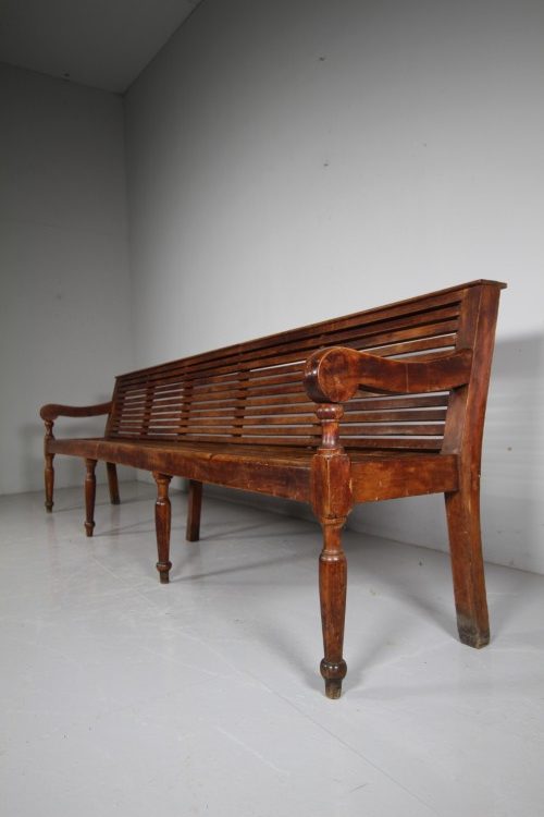 19th Century Long Antique Walnut Waiting Room Slatted Bench