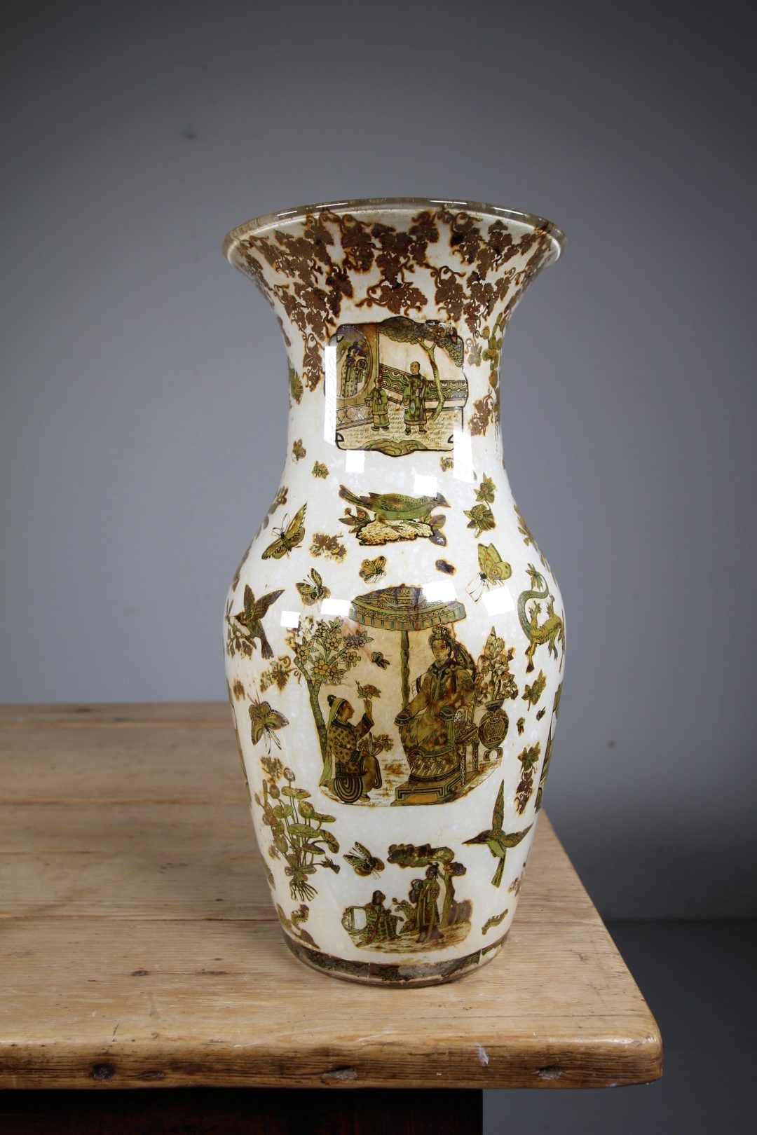 Large 19th Century Antique English Decalcomania Glass Vase