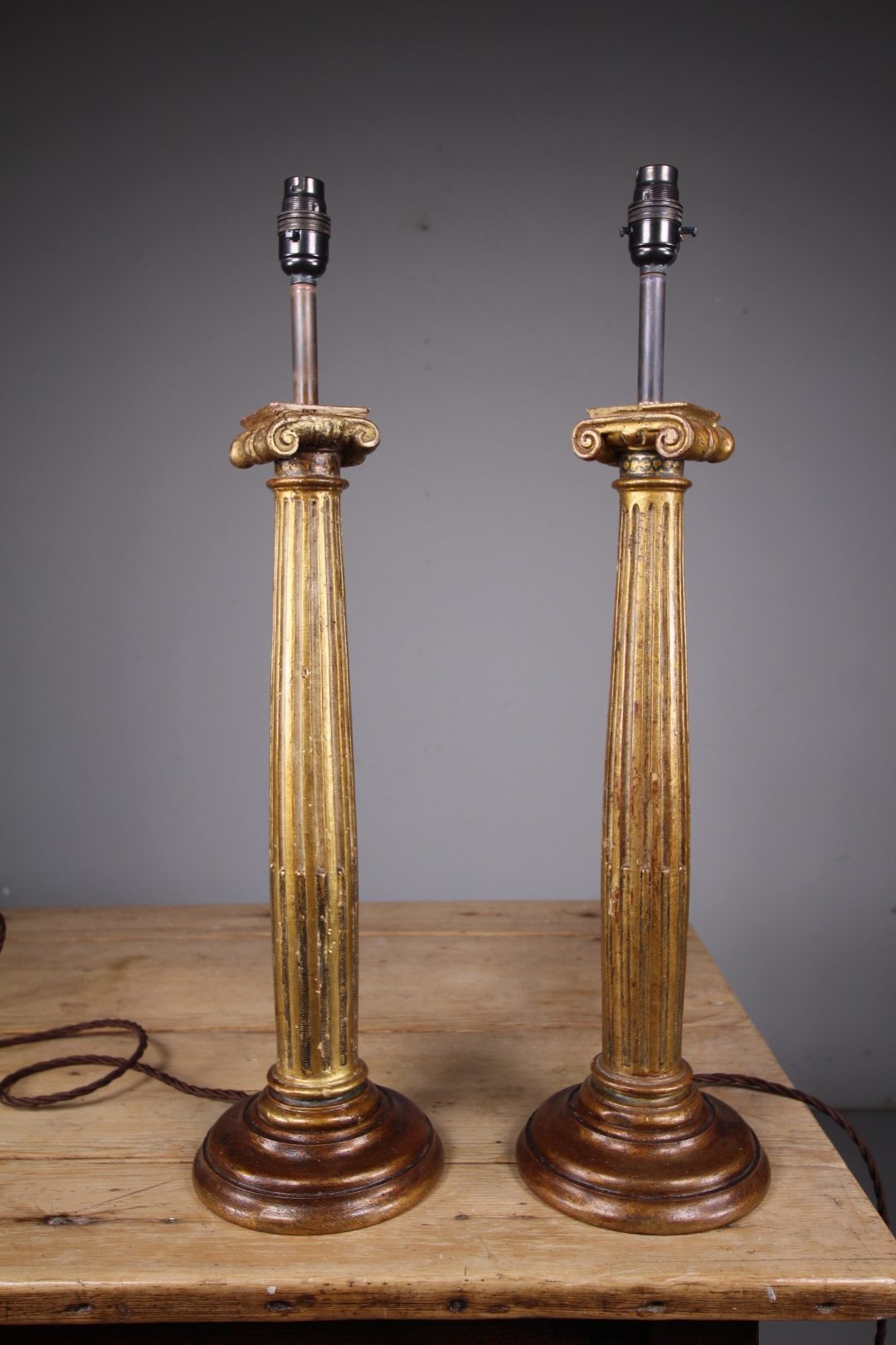 Tall Pair 19th Century Antique Gilt Column Table Lamps