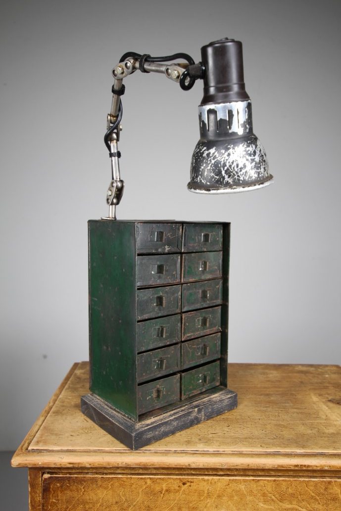 Fabulous English Antique Metal Jewellers Chest with Original Light Fitting