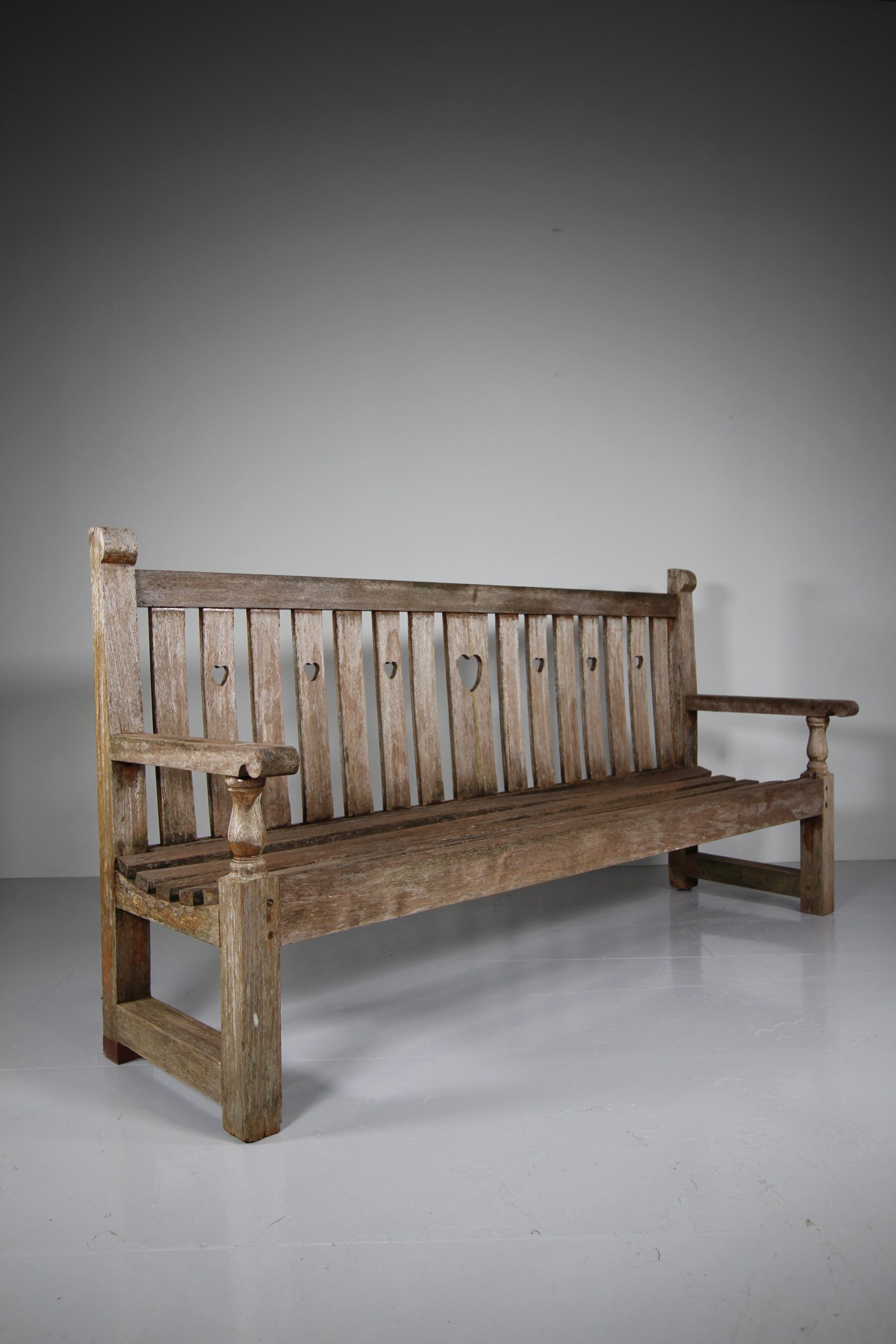English Edwardian Antique Teak Heart Motif Garden Bench Seat