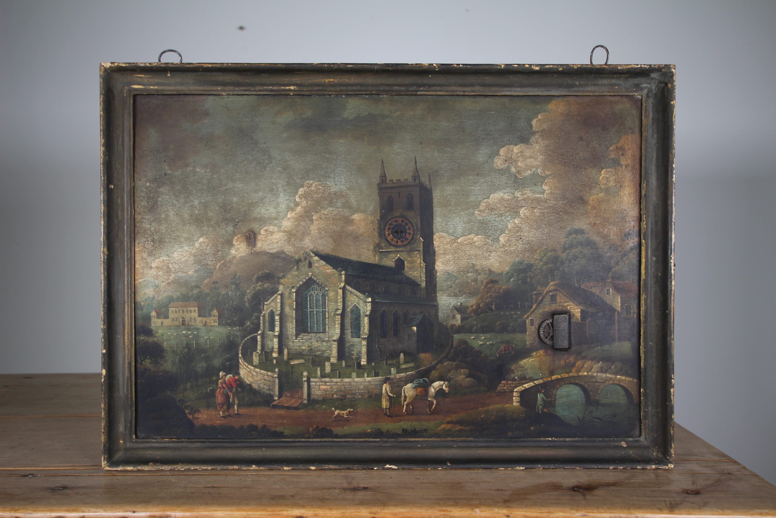 Rare 18th Century Antique Painting on Tin - Moving Clock Hands and Waterwheel