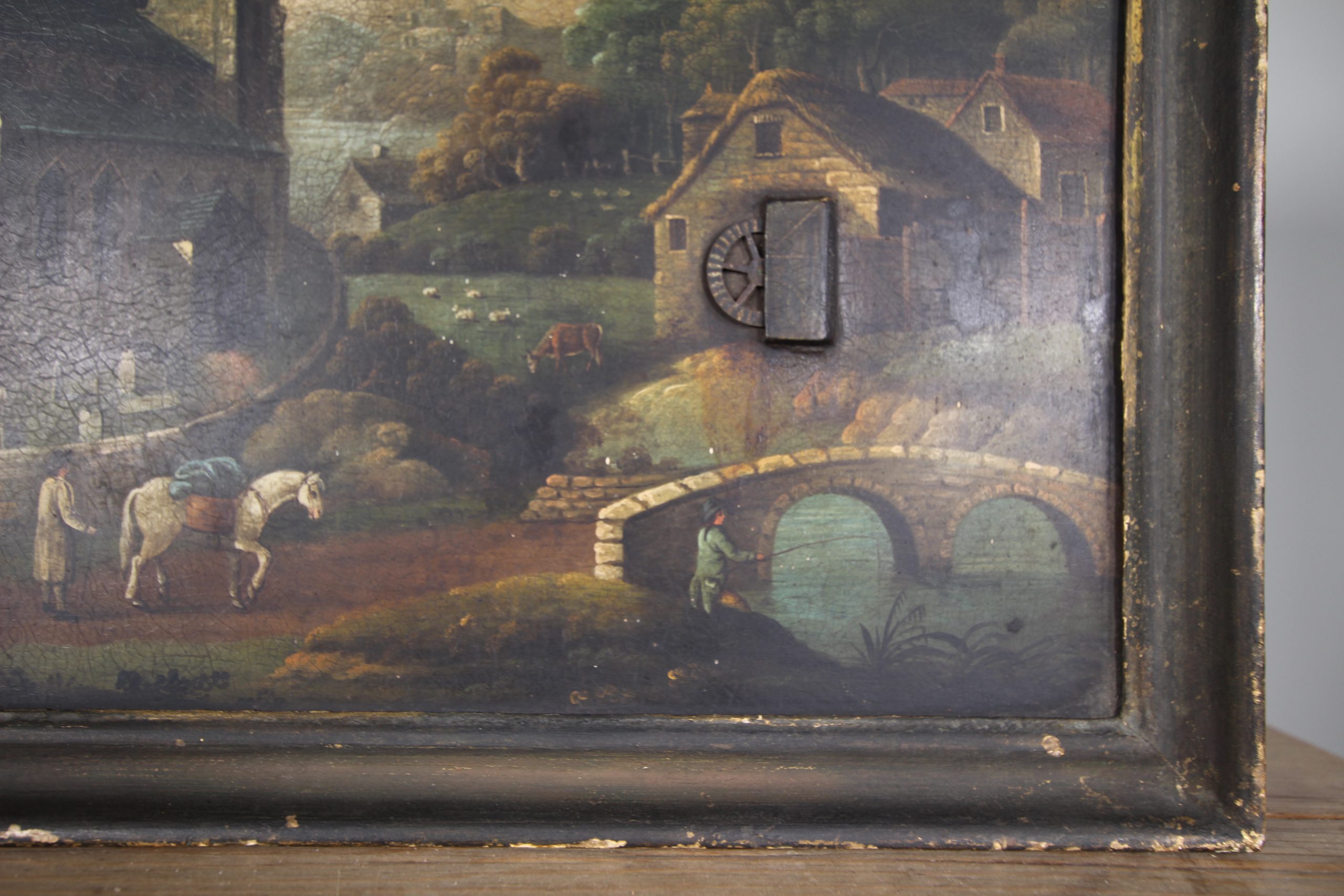 Rare 18th Century Antique Painting on Tin - Moving Clock Hands and Waterwheel - Image 5