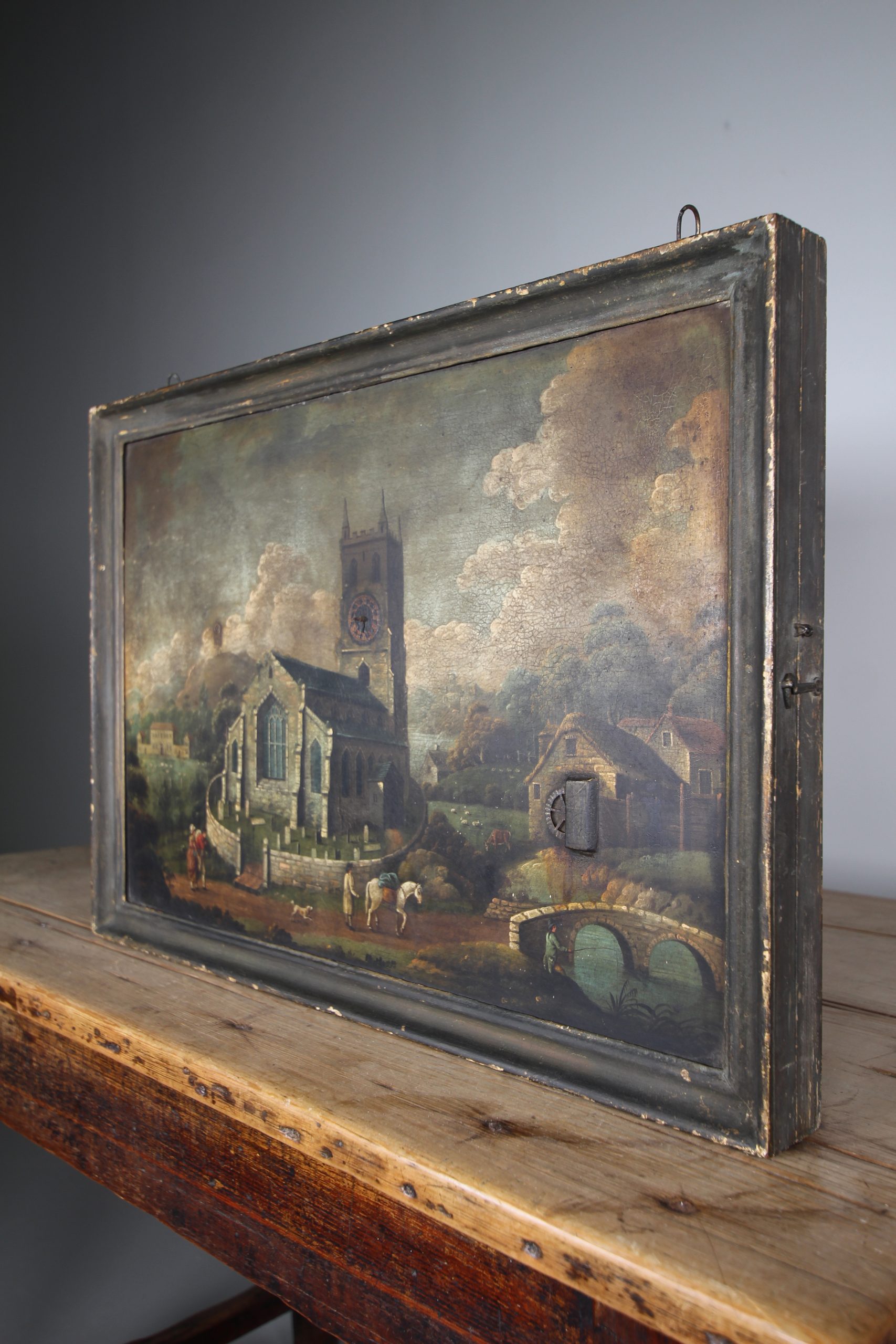 Rare 18th Century Antique Painting on Tin – Moving Clock Hands and Waterwheel