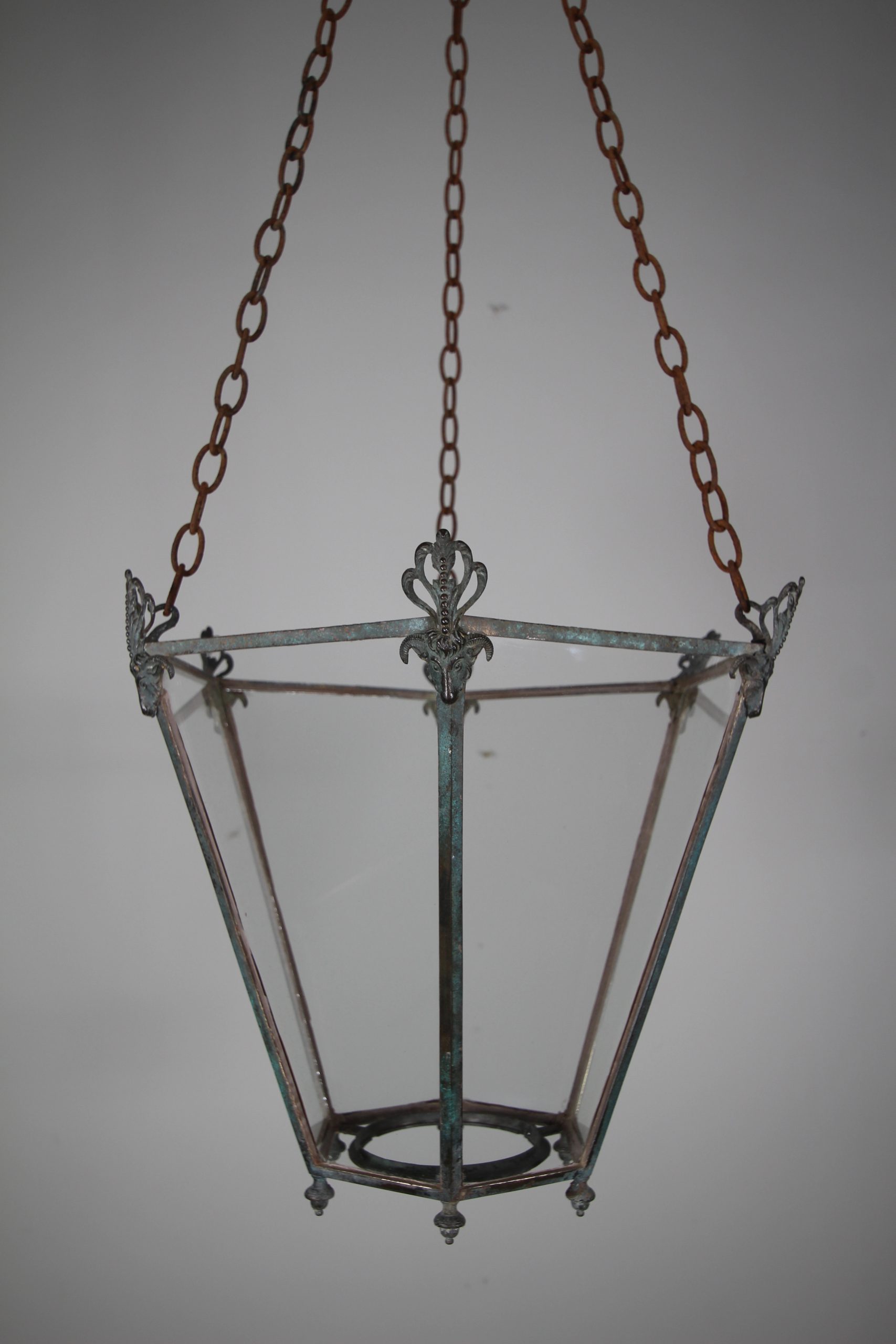 Early 19th Century English Antique Bronze Rams Head Hanging Lantern