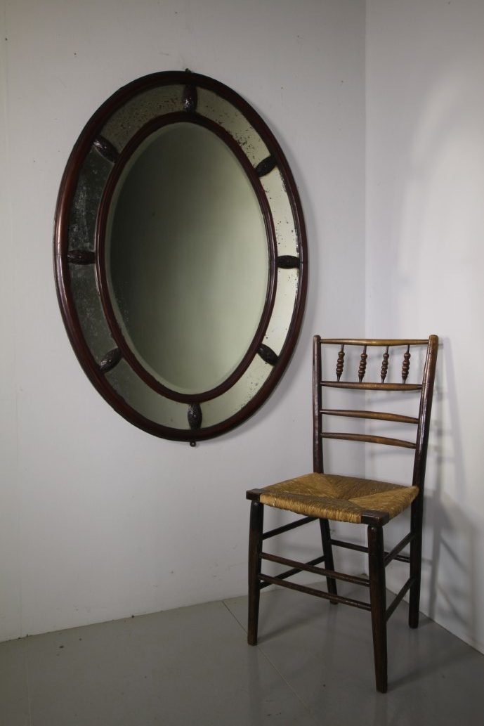 Large English 19th Century Antique Oval Country House Mahogany Mirror